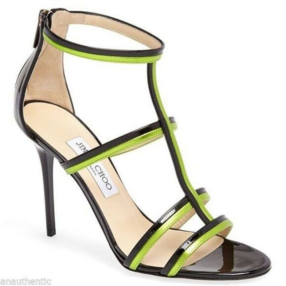 Jimmy Choo Thistle Caged T Strappy Green Black Sandals Size 40.5 10.5 New $795 - Picture 7 of 11